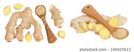 fresh ginger and ground ginger in wooden spoon spice isolated on white background. Top view. Flat lay fresh ginger and ground ginger in wooden spoon spice isolated on white background. Top view. Flat lay 140825611