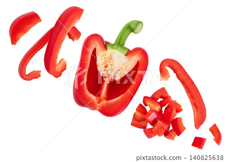 slices of red sweet bell pepper isolated on white background. Top view. Flat lay slices of red sweet bell pepper isolated on white background. Top view. Flat lay 140825638
