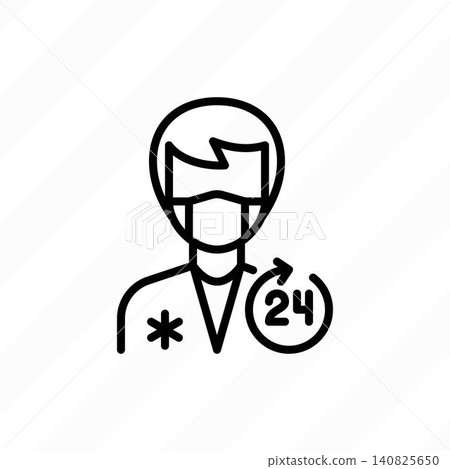 Nursing care, medical staff 24 hr. Man in uniform and surgical mask. Thin line icon. Vector illustration. 140825650