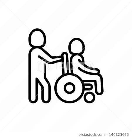 Caregiver with elderly person in wheelchair. Thin line icon. Assisted living in nurse house. Geriatric medicine. Vector illustration. 140825653