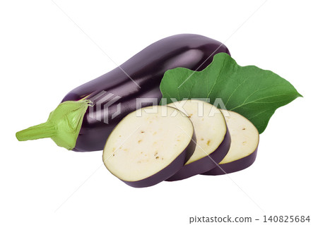 Eggplant or aubergine with slices isolated on white background with full depth of field Eggplant or aubergine with slices isolated on white background with full depth of field 140825684