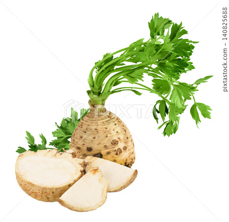 Fresh celery root with half and slice isolated on white background Fresh celery root with half and slice isolated on white background 140825688