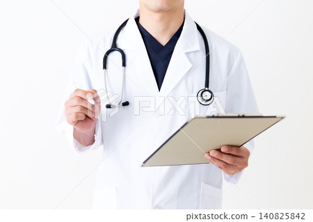 A middle-aged male doctor in a white coat, holding a binder and pen. A middle-aged male doctor in a white coat, holding a binder and pen. 140825842