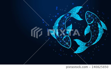 Neon low poly wireframe pisces zodiac sign on dark blue background. 140825850