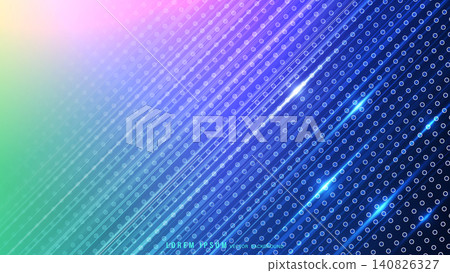 Abstract colorful background features gradients of diagonal lines, circular dot patterns 140826327