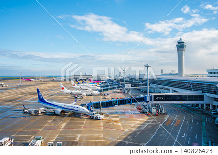 View from the "Sky Deck" at Chubu Centrair International Airport: Domestic passenger planes parked on the apron. View from the "Sky Deck" at Chubu Centrair International Airport: Domestic passenger planes parked on the apron. 140826423
