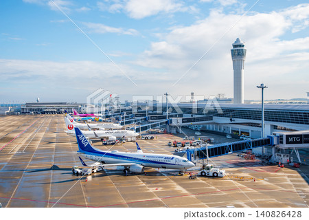 View from the "Sky Deck" at Chubu Centrair International Airport: Domestic passenger planes parked on the apron. View from the "Sky Deck" at Chubu Centrair International Airport: Domestic passenger planes parked on the apron. 140826428