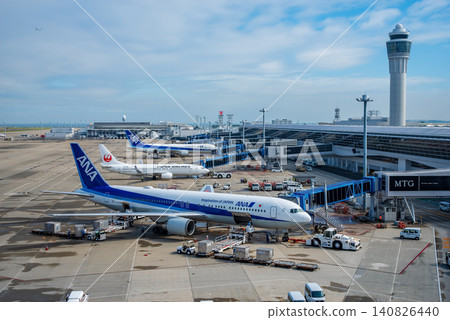 View from the "Sky Deck" at Chubu Centrair International Airport: Domestic passenger planes parked on the apron. View from the "Sky Deck" at Chubu Centrair International Airport: Domestic passenger planes parked on the apron. 140826440