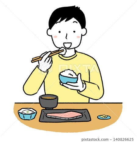 A simple illustration of a man eating a set meal. A simple illustration of a man eating a set meal. 140826625
