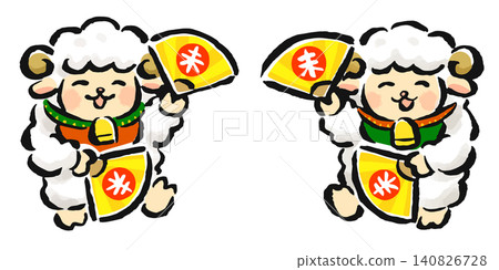 新年期間,中國十二生肖中的羊與扇子一起跳舞。 新年期間,中國十二生肖中的羊與扇子一起跳舞。 140826728