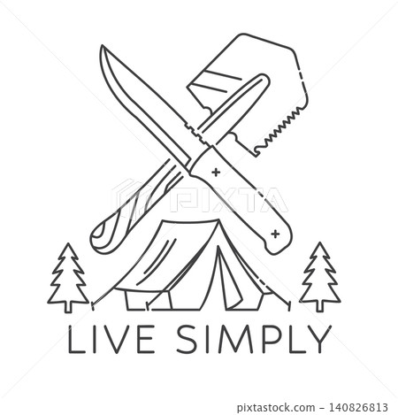Live Simply Camping Line Art Vector Illustration. Outdoor Adventure Design with Tent, Knife and Saw 140826813