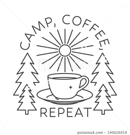 Camp Coffee Repeat Line Art Vector Illustration. Outdoor Camping Lifestyle Emblem with Cup and Pine Trees Camp Coffee Repeat Line Art Vector Illustration. Outdoor Camping Lifestyle Emblem with Cup and Pine Trees 140826819