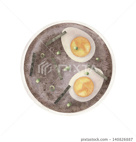 Bowl of rich brown soup with boiled egg, green onion, nori. Hand-painted watercolor illustration isolated on a white for restaurant menus, food advertising, cookbooks, posters, Asian cuisine branding Bowl of rich brown soup with boiled egg, green onion, nori. Hand-painted watercolor illustration isolated on a white for restaurant menus, food advertising, cookbooks, posters, Asian cuisine branding 140826887