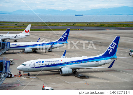 View from the "Sky Deck" at Chubu Centrair International Airport: Domestic passenger planes parked on the apron. View from the "Sky Deck" at Chubu Centrair International Airport: Domestic passenger planes parked on the apron. 140827114