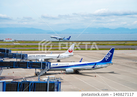 View from the "Sky Deck" at Chubu Centrair International Airport: Domestic passenger planes parked on the apron. View from the "Sky Deck" at Chubu Centrair International Airport: Domestic passenger planes parked on the apron. 140827117