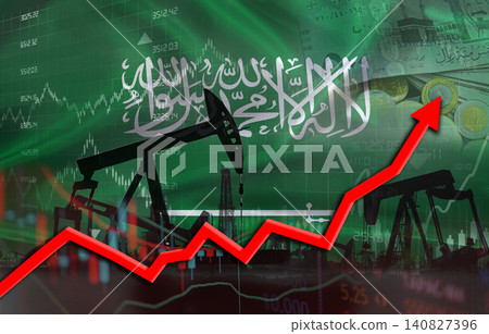 Oil production with Saudi Arabian flag, petrol industry. Oil pumps with Saudi Arabia flag Oil production with Saudi Arabian flag, petrol industry. Oil pumps with Saudi Arabia flag 140827396