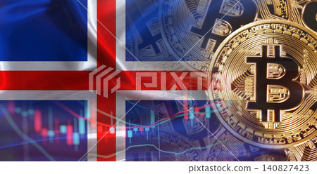Bitcoin cryptocurrency with Icelandic flag. Investors in Blockchain Technology with Iceland flag background 140827423