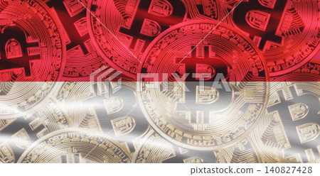 Monegasque flag with Bitcoins in the background. Bitcoin cryptocurrency with Monaco flag, Investors in Blockchain Technology 140827428
