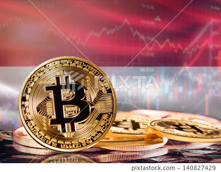 Bitcoin with Monegasque flag in the background. Investors in cryptocurrency and Blockchain Technology in Monaco, Concept Bitcoin with Monegasque flag in the background. Investors in cryptocurrency and Blockchain Technology in Monaco, Concept 140827429
