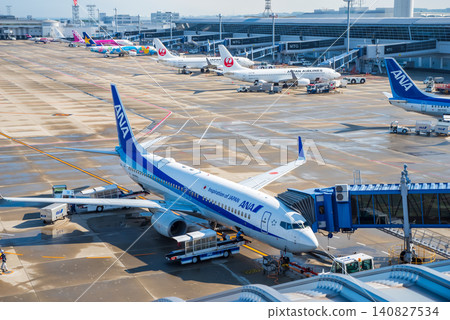 View from the "Sky Deck" at Chubu Centrair International Airport: Domestic passenger planes parked on the apron. View from the "Sky Deck" at Chubu Centrair International Airport: Domestic passenger planes parked on the apron. 140827534