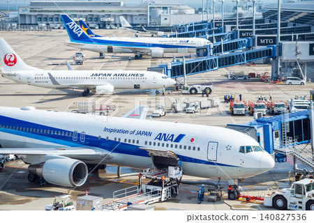 View from the "Sky Deck" at Chubu Centrair International Airport: Domestic passenger planes parked on the apron. View from the "Sky Deck" at Chubu Centrair International Airport: Domestic passenger planes parked on the apron. 140827536