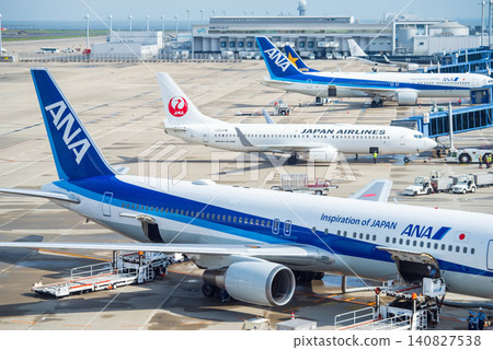 View from the "Sky Deck" at Chubu Centrair International Airport: Domestic passenger planes parked on the apron. View from the "Sky Deck" at Chubu Centrair International Airport: Domestic passenger planes parked on the apron. 140827538