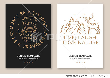 Outdoor Traveler Vector Illustration. Vintage Camping Line Art Design with Backpack and Adventure Quote 140827570