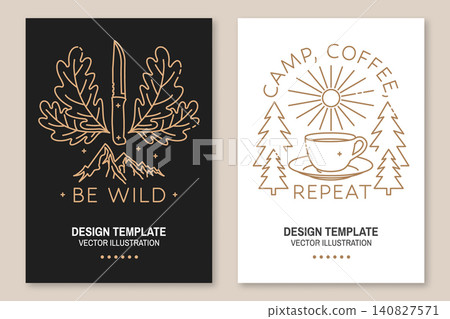 Be Wild Outdoor Adventure Vector Illustration. Vintage Camping and Bushcraft Line Art Design with Knife and Oak Leaves Be Wild Outdoor Adventure Vector Illustration. Vintage Camping and Bushcraft Line Art Design with Knife and Oak Leaves 140827571