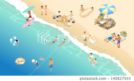 夏季海灘的等距插圖，描繪了家庭和遊客在游泳和玩沙的場景。 140827935