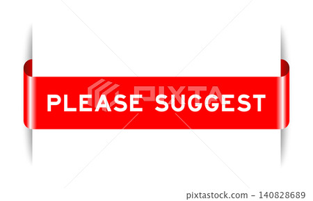 Red color inserted label banner with word please suggest on white background 140828689