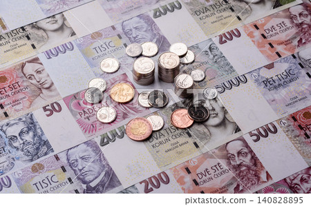 Czech paper money, koruna or crown, in various denominations for financial exchange. Czech koruna Czech paper money, koruna or crown, in various denominations for financial exchange. Czech koruna 140828895