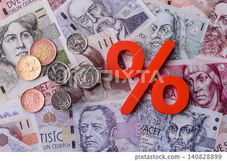 The percentage sign on cash as a concept for inflation, deposits, or tax. The percentage sign The percentage sign on cash as a concept for inflation, deposits, or tax. The percentage sign 140828899