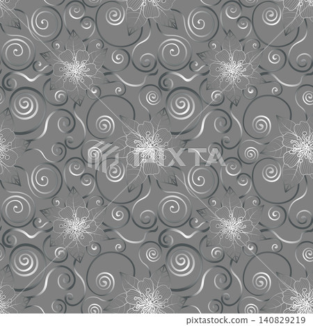 Luxury swirl pattern, silver flowers and leaves, grey background. Seamless floral pattern 296. 140829219