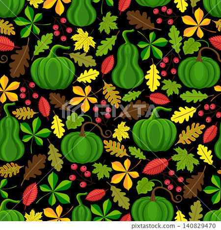 Green pumpkins, berries, colorful autumn leaves, black background. Seamless floral pattern-153. Green pumpkins, berries, colorful autumn leaves, black background. Seamless floral pattern-153. 140829470