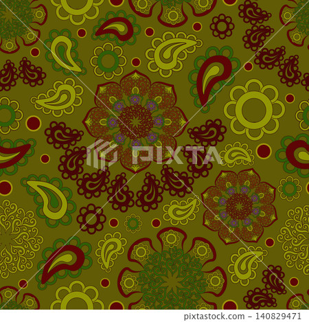 Ornamental, fashionable, colorful pattern, green, red, yellow. Seamless floral pattern-169. 140829471