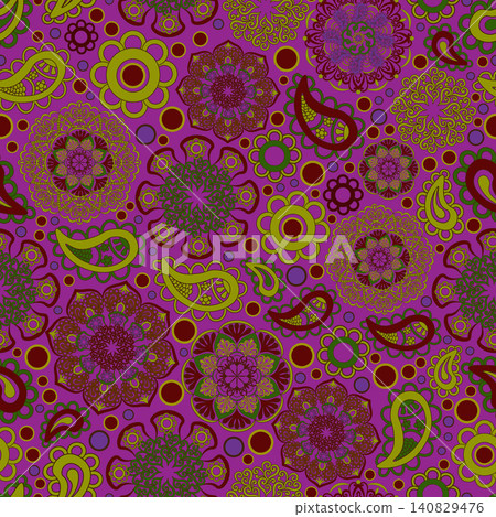 Boho style ornamental pattern, fashionable, colorful pattern, green, purple, yellow colors. Seamless floral pattern-174. Boho style ornamental pattern, fashionable, colorful pattern, green, purple, yellow colors. Seamless floral pattern-174. 140829476