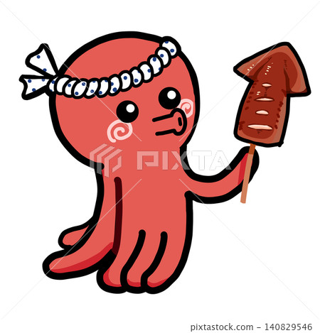 一隻戴著髮帶、拿著烤魷魚的章魚 140829546