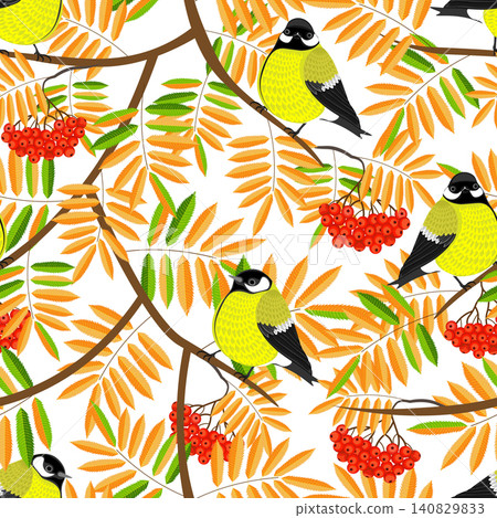 Red rowan, colorful autumn leaves, tit birds, white background. Seamless floral pattern-165. Red rowan, colorful autumn leaves, tit birds, white background. Seamless floral pattern-165. 140829833
