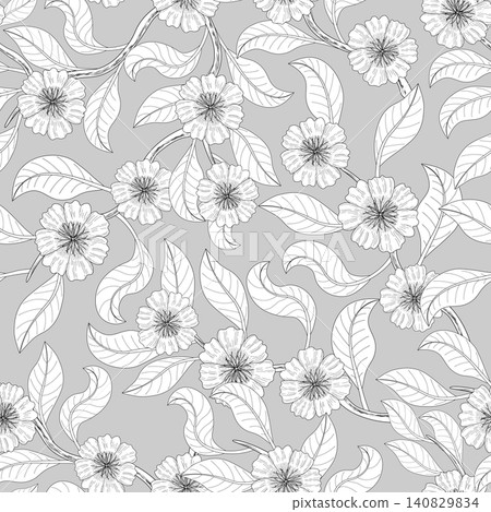 Branches with white flowers and white leaves, grey background. Seamless floral pattern-166. Branches with white flowers and white leaves, grey background. Seamless floral pattern-166. 140829834