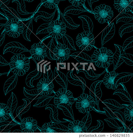 Line art pattern, blue floral ornament on black background. Seamless floral pattern-167. Line art pattern, blue floral ornament on black background. Seamless floral pattern-167. 140829835