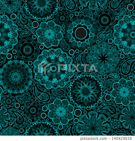 Boho style ornamental pattern, blue line art pattern on black background. Seamless floral pattern-177. 140829838