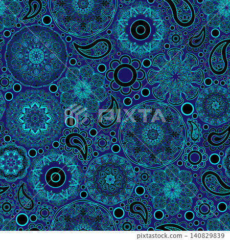 Boho style ornamental pattern, mandala patterns on blue background. Seamless floral pattern-178. 140829839