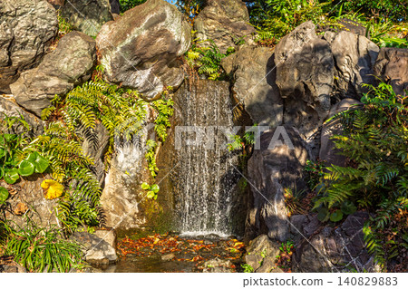 A close-up of the waterfall in the Ninomaru Garden, East Garden of the Imperial Palace, where white water flows down a beautiful rock face. December 2023. 140829883