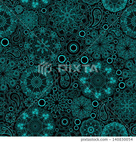 Blue, boho style ornamental pattern, mandala patterns, black background. Seamless floral pattern-182. 140830054