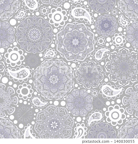 White ornament with blue outline, boho style, grey background. Seamless floral pattern-183. 140830055