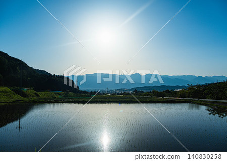 The sun, backlit, and the rice paddy landscape reflected on the water's surface. 140830258