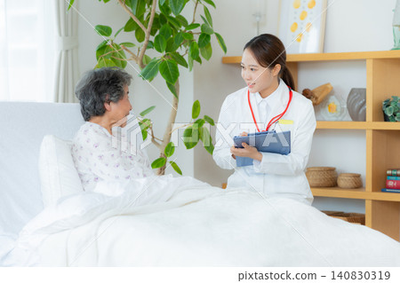 Senior woman living in a nursing home and a woman in a white coat Senior woman living in a nursing home and a woman in a white coat 140830319