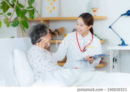 Senior woman living in a nursing home and a woman in a white coat Senior woman living in a nursing home and a woman in a white coat 140830321