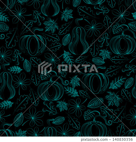 Line art, doodle style, berries, pumpkins, leaves, black and blue colors. Seamless floral pattern-154. Line art, doodle style, berries, pumpkins, leaves, black and blue colors. Seamless floral pattern-154. 140830356