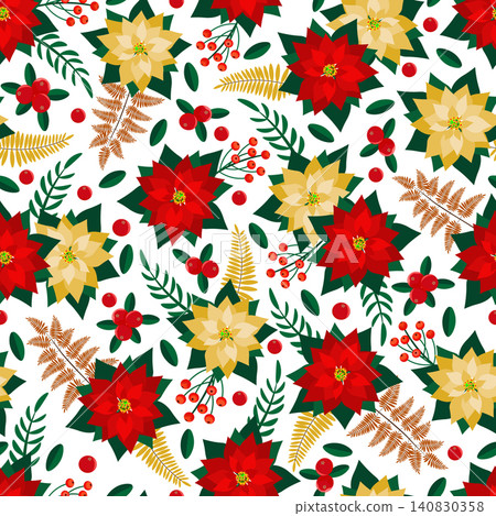 Christmas colorful pattern with red and yellow poinsettia, berries, leaves. Seamless floral pattern-156. Christmas colorful pattern with red and yellow poinsettia, berries, leaves. Seamless floral pattern-156. 140830358